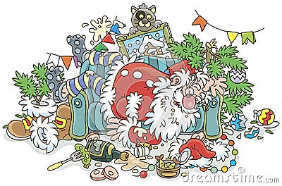 Santa Claus after the New Yearâ€™s feast Vector Illustration